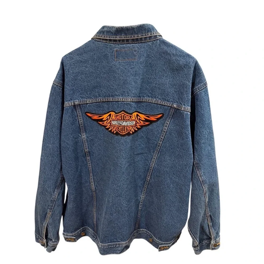 Vtg 90s Wrangler Denim‎ Jacket Blue Classic Fit With Harley Davidson Patches 2XL